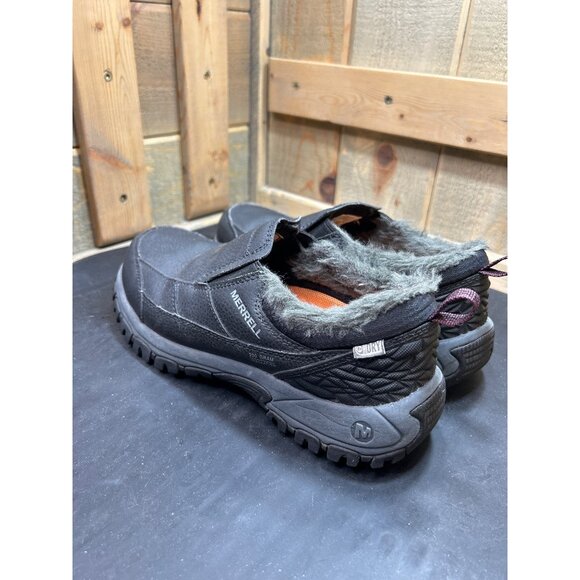 Merrell Womens Black Huckleberry Leather Slip-On Shoes Faux Fur Trim Size 8.5 - Picture 6 of 9